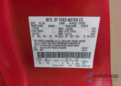 2006 Mercury Mariner из США, поврежденный, VIN 4M2YU57166KJ10268